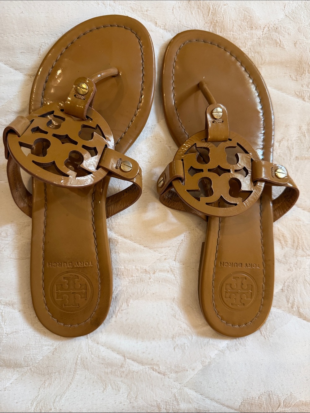 Tory Burch Tan Miller Logo Toe-Post Sandals Size 7